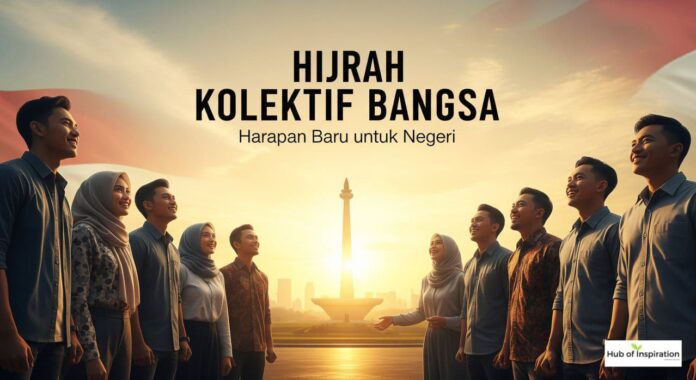 Generasi muda Indonesia berdiri bersama penuh harapan di depan Monas dengan cahaya matahari terbit, simbol hijrah kolektif bangsa menuju perubahan.